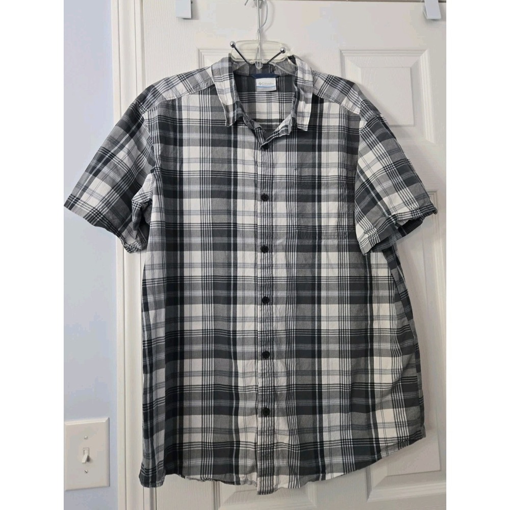 Columbia Men's Button Front Shirt Plaid Gray White Short Sleeve Outdoor XL